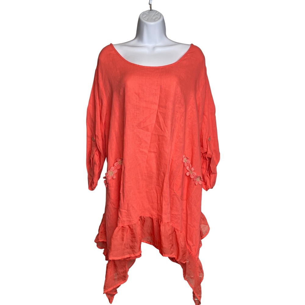 Kaktus Womens Coral Linen Blend‎ Tunic Top Size XL Flowy Hem Oversized Coastal